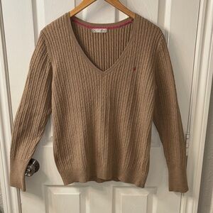 Y2K Women Cotton Blend Old Money Preppy Cable knit Camel V-Neck Sweater Size XL